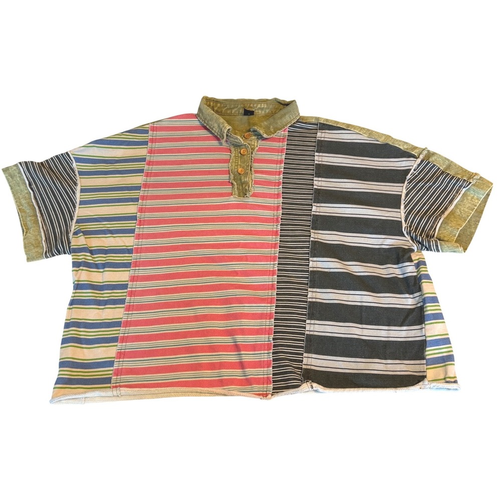 SHEIN Polo Shirt Women XL Multi Color Excellent Patchwork Striped Cropped